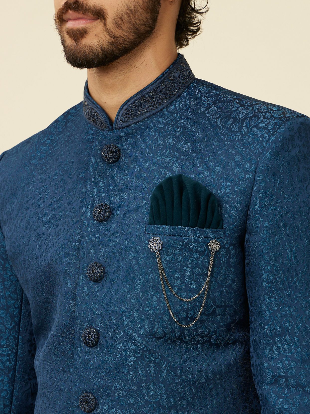 alt message - Manyavar Men Teal Blue Medallion Patterned Indo Western Set image number 1